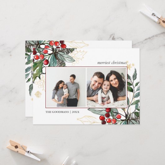 ホリーベリーのアウトライン付きクリスマス2の写真ホリデー カード (正面/裏面インサイチュ)