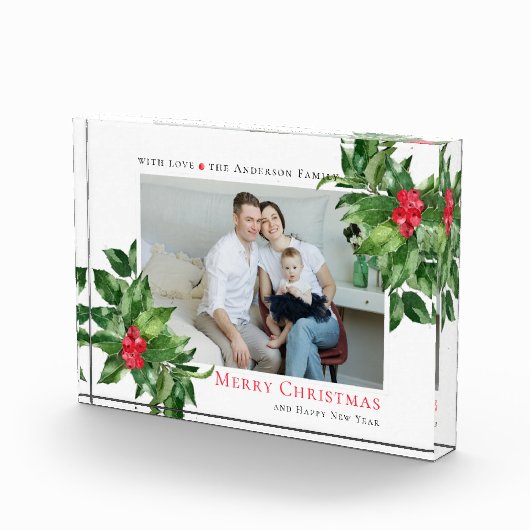 ホリーベリーのフレームのクリスマスフォトパーソナライズされたー フォトブロック (右)