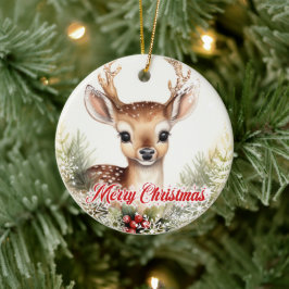 ホリーベリーの可愛い水色のトナカイ セラミックオーナメント