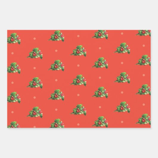 ホリーベリーの植物とヴィンテージのクリスマスパターン ラッピングペーパーシート (正面)