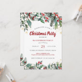ホリーベリーの水の色ラインクリスマスパーティー カード (正面/裏面インサイチュ)