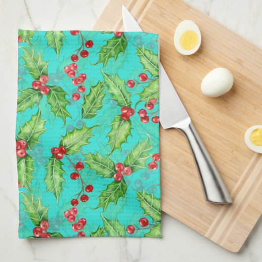 ホリーベリーの水色 キッチンタオル (四つ折り)