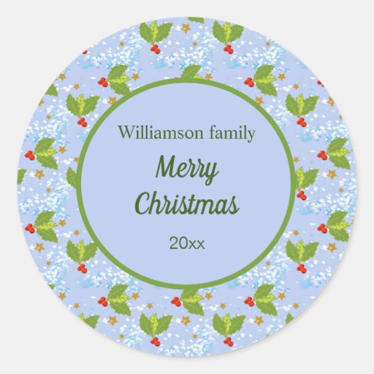 ホリーベリーは雪のパターンを星メリークリスマス ラウンドシール (正面)