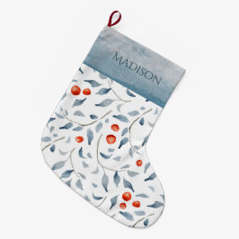 ホリーベリーウォーターカラーブルータイポグラフィカントリー ラージクリスマスストッキング