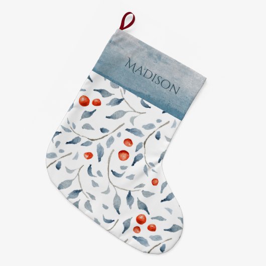 ホリーベリーウォーターカラーブルータイポグラフィカントリー ラージクリスマスストッキング (正面 (吊り時))