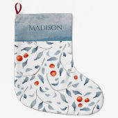 ホリーベリーウォーターカラーブルータイポグラフィカントリー ラージクリスマスストッキング (正面)