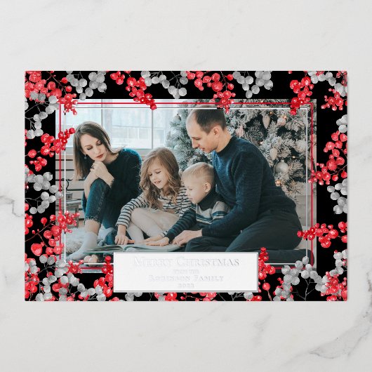 ホリーベリーエレガントメリークリスマスフォト 箔シーズンカード (正面)