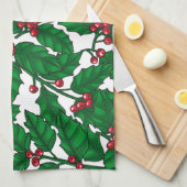 ホリーベリーオンホワイト キッチンタオル (四つ折り)