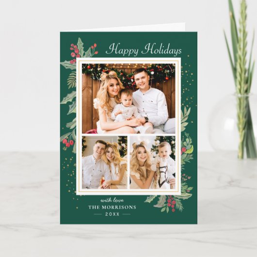ホリーベリークリスマスグリーンハッピーホリデー3写真 シーズンカード (正面)