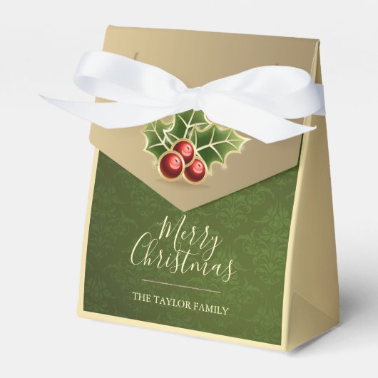 ホリーベリークリスマスパーソナライズされたグリーンダマスク フェイバーボックス (正面サイド)