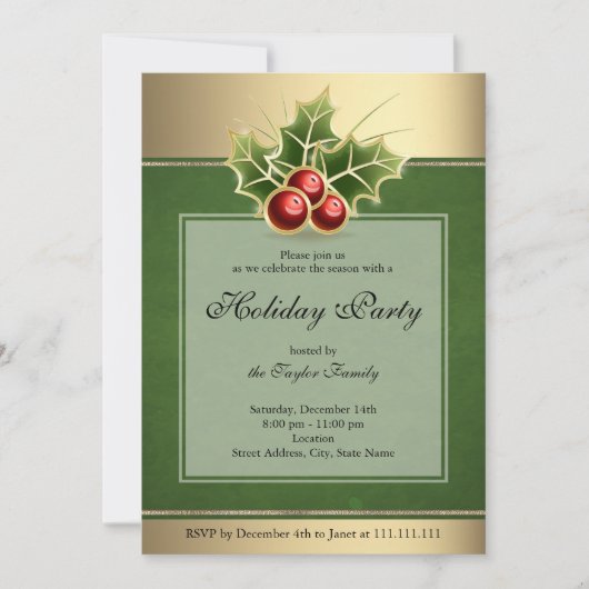 ホリーベリークリスマスパーティの招待状グリーン 招待状 (正面)