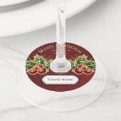 ホリーベリークリスマスレッドパーソナライズされたダマスク ワイングラスタグ (クローズアップ)
