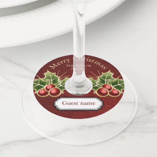 ホリーベリークリスマスレッドパーソナライズされたダマスク ワイングラスタグ (クローズアップ)