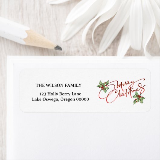 ホリーベリーグラデーションレッドスクリプトメリークリスマス ラベル (インサイチュ)