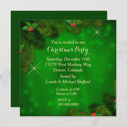 ホリーベリーグリーンクリスマスパーティの招待状 招待状 (正面/裏面)