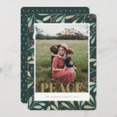 ホリーベリーグリーン金ゴールドピースクリスマスフォトカード 招待状 (正面/裏面)