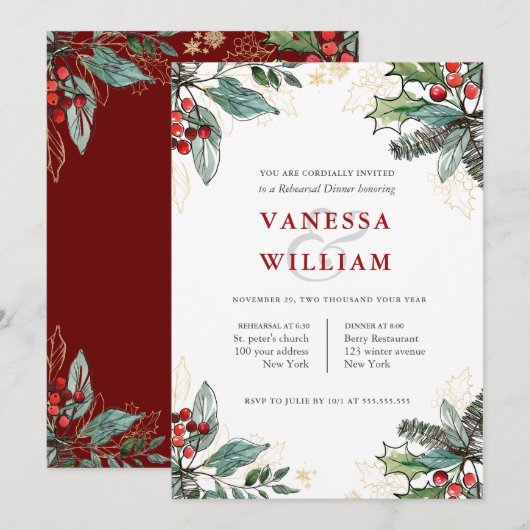 ホリーベリーズのクリスマスウェディング リハーサルディナー 招待状 (正面/裏面)