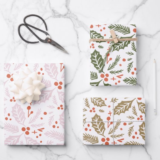 ホリーベリーハンドドロー数々のドカラーパターン ラッピングペーパーシート (正面)