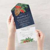 ホリーベリーパインコーンネイビークリスマス結婚ズ オールインワン招待状 (貼ってはがせる)