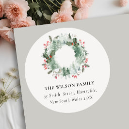 ホリーベリーパインスノークリスマスリースアドレス ラウンドシール