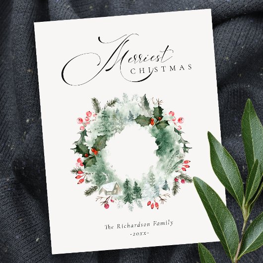 ホリーベリーパインツリーレッドクリスマスリース ポストカード