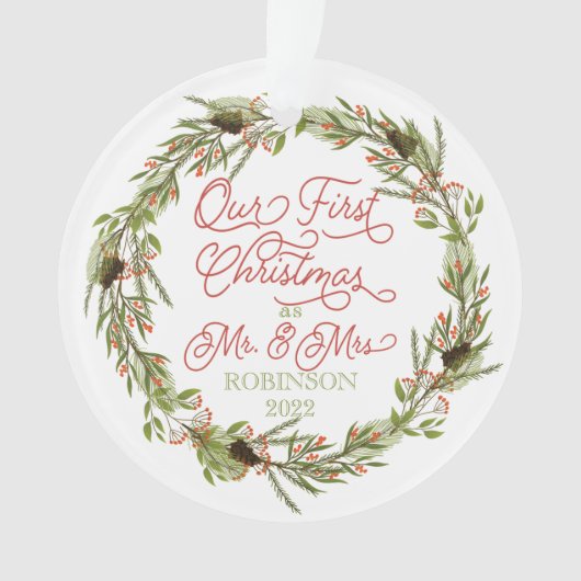 ホリーベリーパイン私たちの初めてのクリスマス写真Ornam オーナメント (正面)