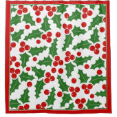 ホリーベリーパターンと赤いクリ縁どスクリスマス シャワーカーテン (正面)