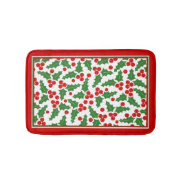 ホリーベリーパターンと赤いクリ縁どスクリスマス バスマット