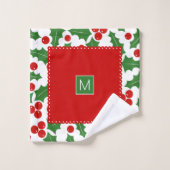 ホリーベリーパターン、うろこ縁ど型のクラス バスタオルセット (ウォッシュタオル)