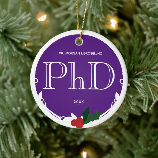 ホリーベリーパープルホワイトPhD卒業名(年) セラミックオーナメント (ツリー)