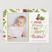 ホリーベリーピンク緑メリークリスマスの写真 シーズンカード (正面/裏面)
