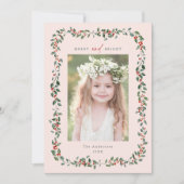 ホリーベリーフレームメリー&ブライトフォト赤面ピンク シーズンカード (正面)