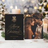 ホリーベリーブーケロマンチックなクリスマスフォトブラック シーズンカード