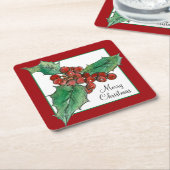 ホリーベリーボタニカルプラントアートメリークリスマス スクエアペーパーコースター (アングル)