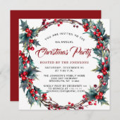 ホリーベリーリースウォーターカラークリスマスパーティー 招待状 (正面/裏面)