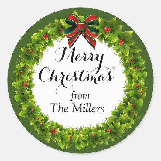 ホリーベリーリースカスタムクリスマス ラウンドシール (正面)