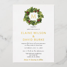 ホリーベリーリースモノグラムウィンターウェディング 箔招待状