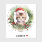 ホリーベリーリース付き水彩猫 シール (シート)