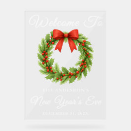 ホリーベリーリース新年のイブパーティーへようこそ アクリルサイン