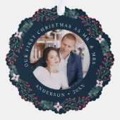 ホリーベリーリース結婚初めてのクリスマスの写真 オーナメントカード (裏面)