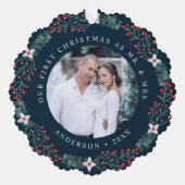 ホリーベリーリース結婚初めてのクリスマスの写真 オーナメントカード (正面)