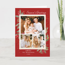 ホリーベリーレッドクリスマス金ゴールド紙吹雪3写真 シーズンカード