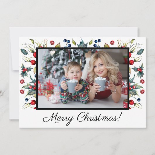 ホリーベリー白いメリークリスマスフォトグリーティング シーズンカード (正面)