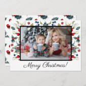 ホリーベリー白いメリークリスマスフォトグリーティング シーズンカード (正面/裏面)