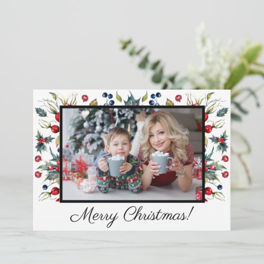 ホリーベリー白いメリークリスマスフォトグリーティング シーズンカード (スタンド正面)