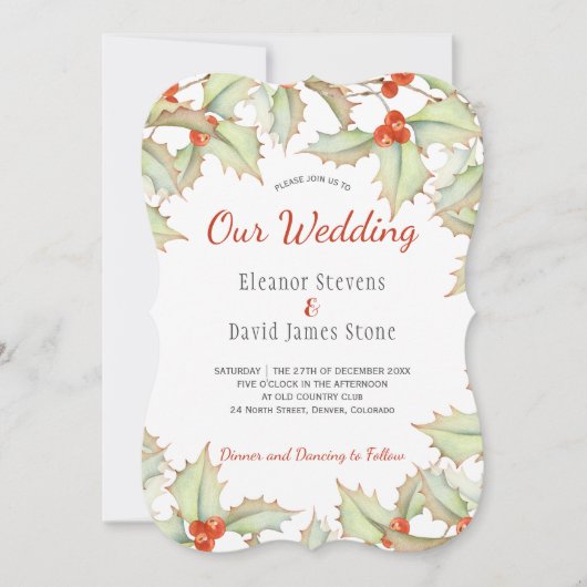 ホリーベリー赤と緑の冬のエレガントな結婚式 招待状 (正面)