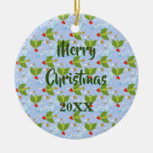 ホリーベリー雪と星の小さなスケールパターン セラミックオーナメント (正面)