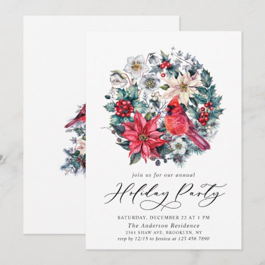ホリーベリー レッドカーディナル ビンテージ ホリデーパーティー 招待状 (正面/裏面)