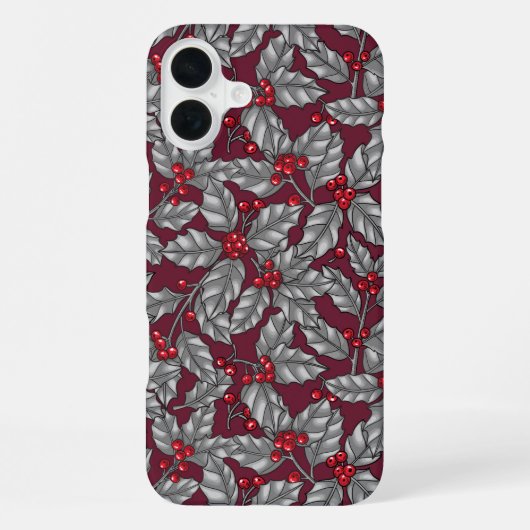 ホリーベリー、暗葉色の灰色の iPhoneケース (裏面)