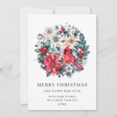 ホリーベリー（鳥）ショウジョウコウカンチョウポインセティアクリスマスグリーティング シーズンカード (正面)